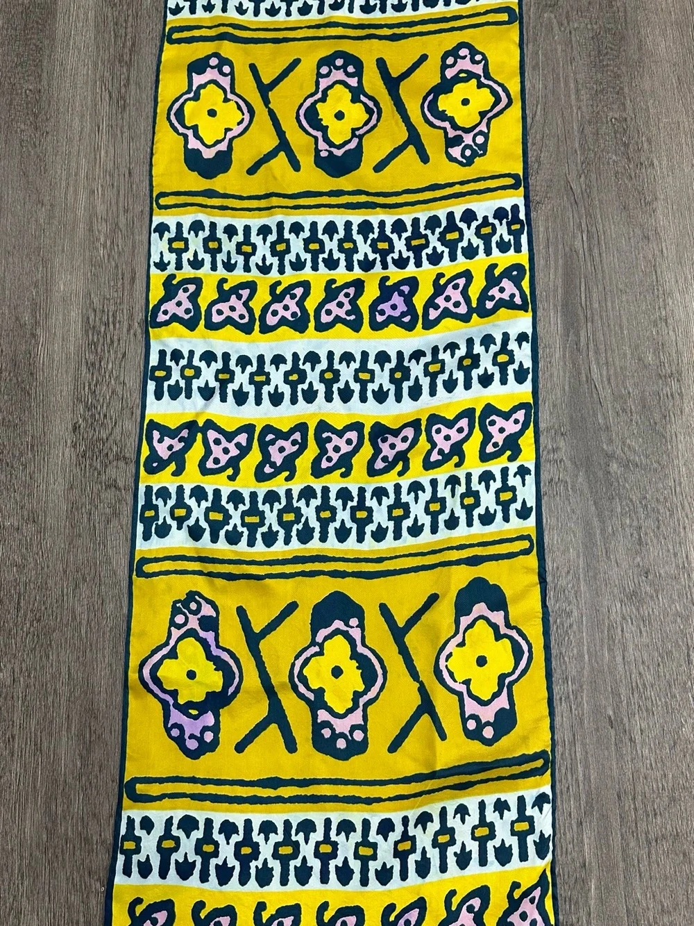 Vintage Vera Neumann rayon silk scarf yellow navy blue pink